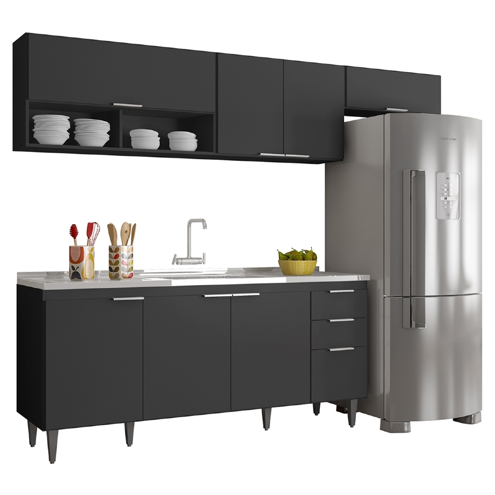 Armário de Cozinha CP03 Com Pia 180cm Pérola Z34 Preto      - Mpozenato