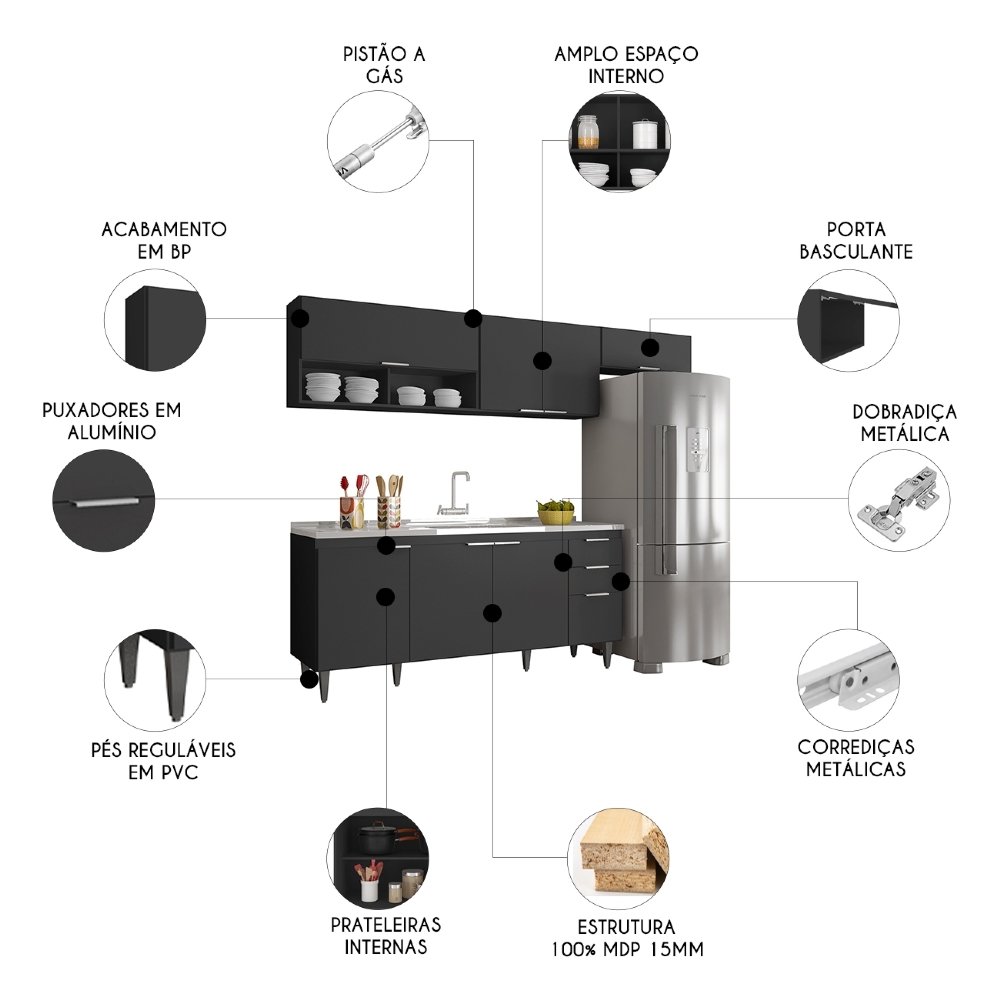 Armário de Cozinha CP03 Com Pia 180cm Pérola Z34 Preto      - Mpozenato