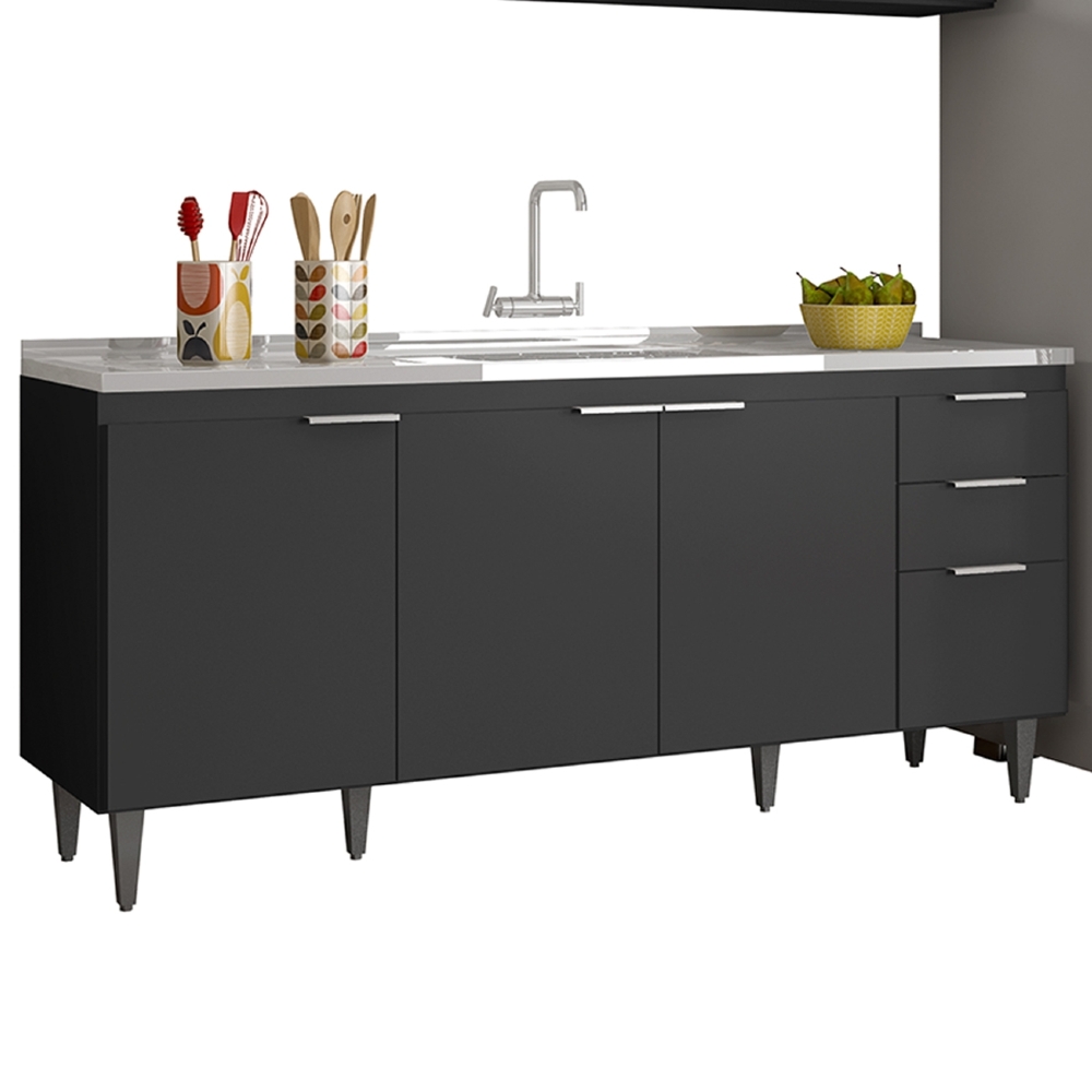 Armário de Cozinha CP03 Com Pia 180cm Pérola Z34 Preto      - Mpozenato