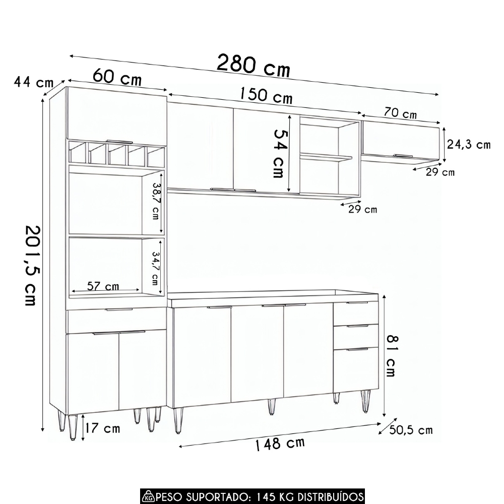 Armário de Cozinha CP04 Para Pia 150cm Pérola Z34 Preto     - Mpozenato