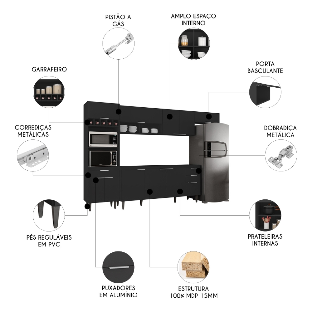 Armário de Cozinha CP04 Para Pia 180cm Pérola Z34 Preto     - Mpozenato