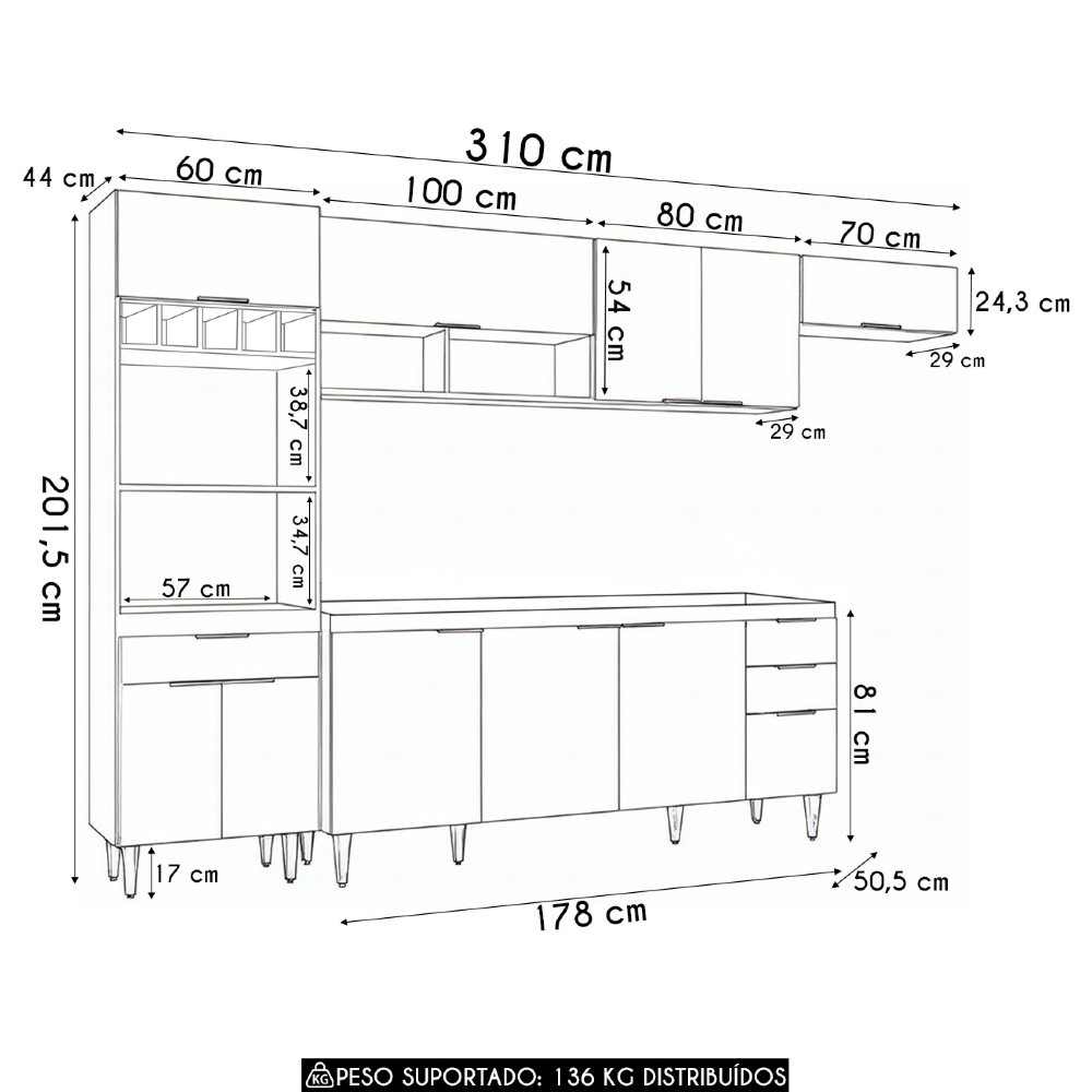 Armário de Cozinha CP04 Para Pia 180cm Pérola Z34 Preto     - Mpozenato