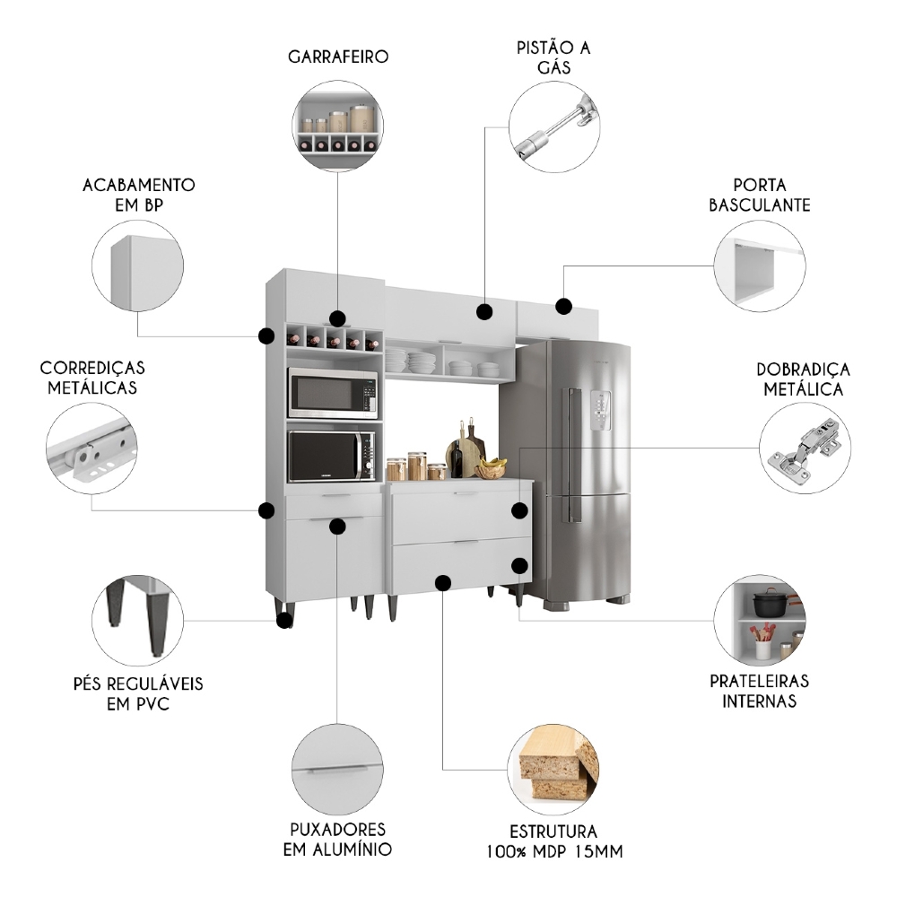 Armário de Cozinha Com Tampo CP04 230cm Pérola Branco Z34     - Mpozenato