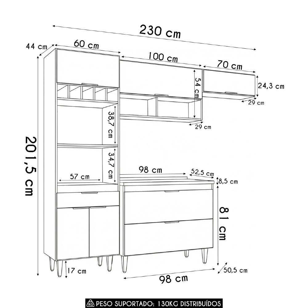 Armário de Cozinha Com Tampo CP04 230cm Pérola Branco Z34     - Mpozenato