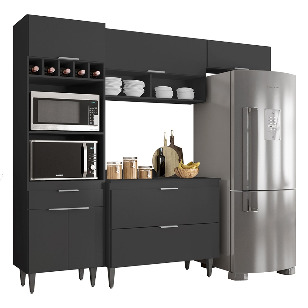 Armário de Cozinha Com Tampo CP04 230cm Pérola Preto Z34      - Mpozenato