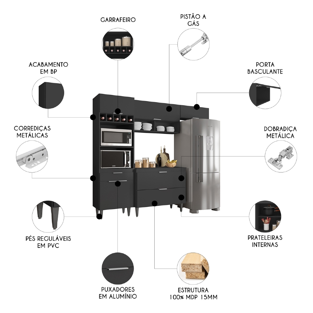 Armário de Cozinha Com Tampo CP04 230cm Pérola Preto Z34      - Mpozenato