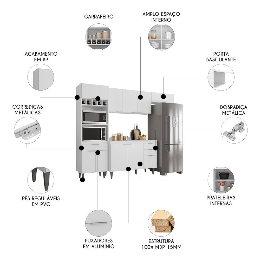 Armário de Cozinha Com Tampo CP04 250cm Pérola Branco Z34     - Mpozenato