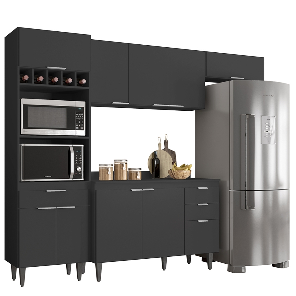 Armário de Cozinha Com Tampo CP04 250cm Pérola Preto Z34      - Mpozenato