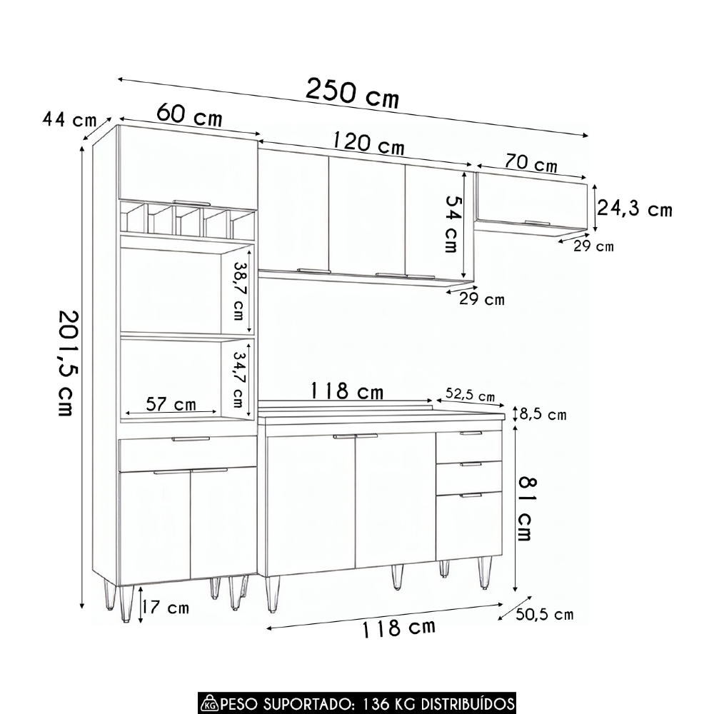 Armário de Cozinha Com Tampo CP04 250cm Pérola Preto Z34      - Mpozenato