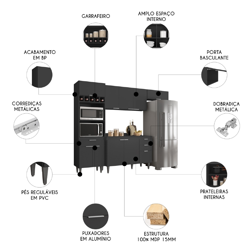 Armário de Cozinha Com Tampo CP04 250cm Pérola Preto Z34      - Mpozenato