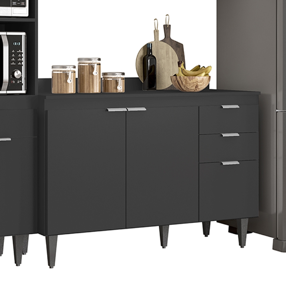 Armário de Cozinha Com Tampo CP04 250cm Pérola Preto Z34      - Mpozenato