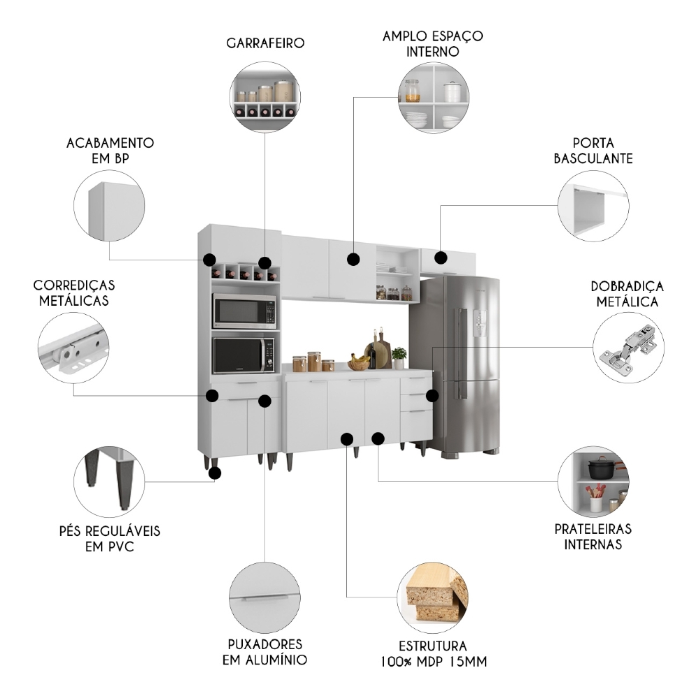 Armário de Cozinha Com Tampo CP04 280cm Pérola Branco Z34     - Mpozenato