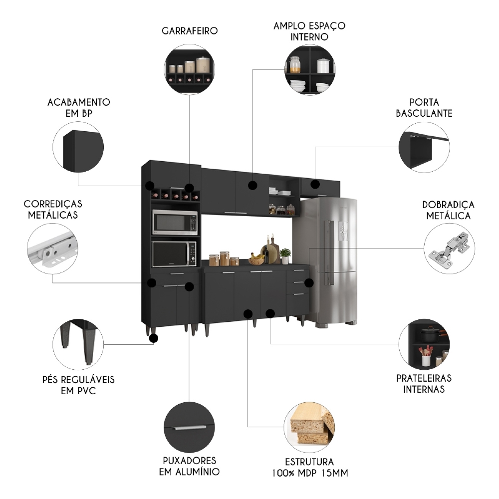 Armário de Cozinha Com Tampo CP04 280cm Pérola Preto Z34      - Mpozenato
