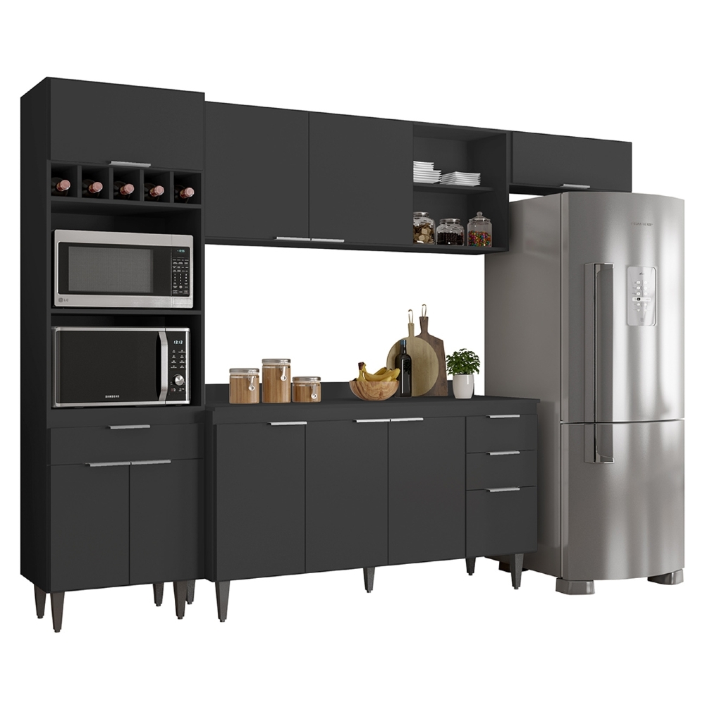 Armário de Cozinha Com Tampo CP04 280cm Pérola Preto Z34      - Mpozenato