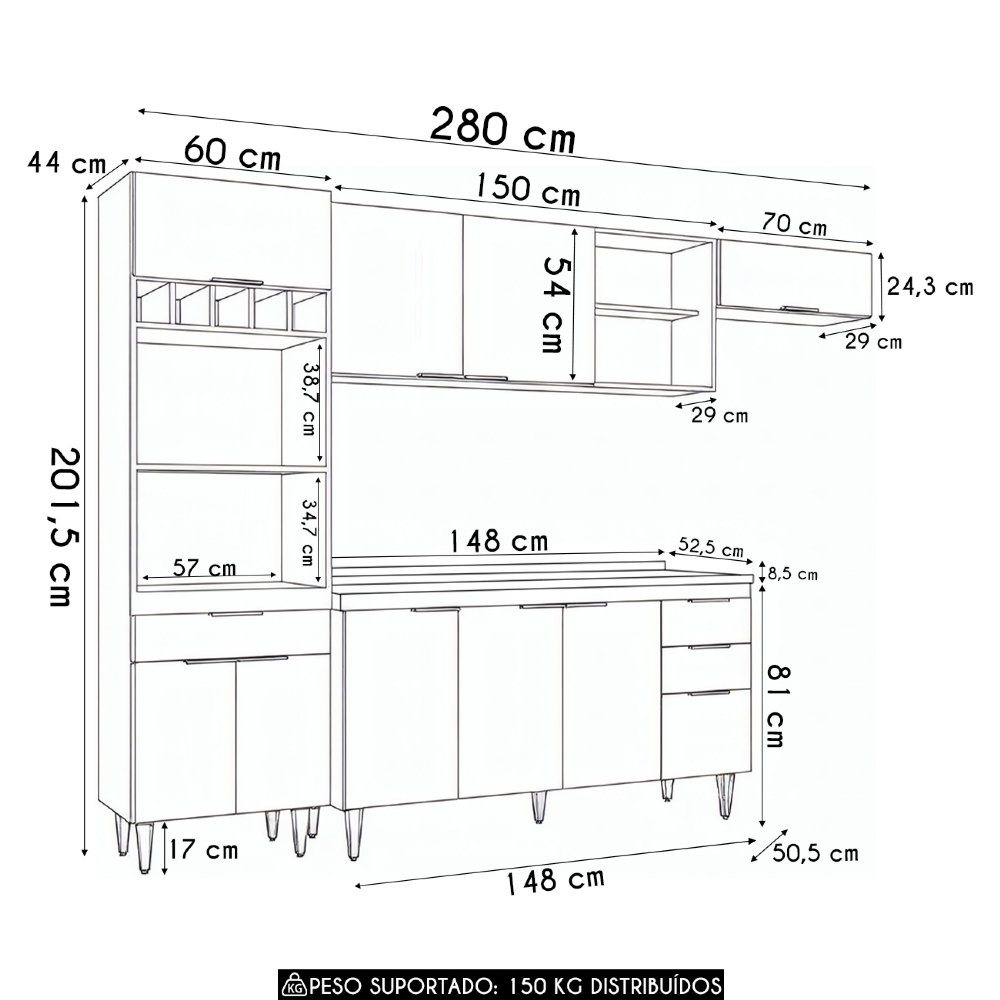 Armário de Cozinha Com Tampo CP04 280cm Pérola Preto Z34      - Mpozenato