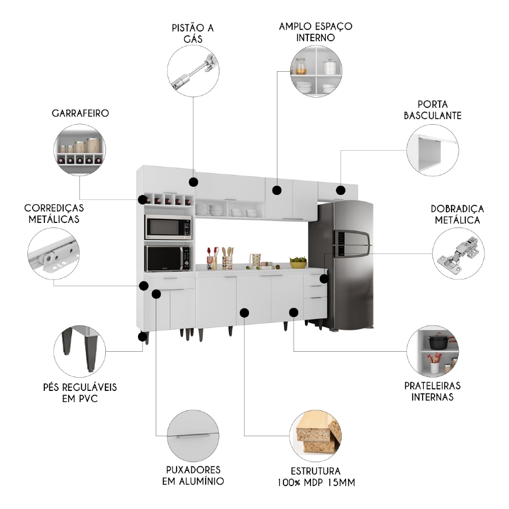Armário de Cozinha Com Tampo CP04 310cm Pérola Branco Z34     - Mpozenato