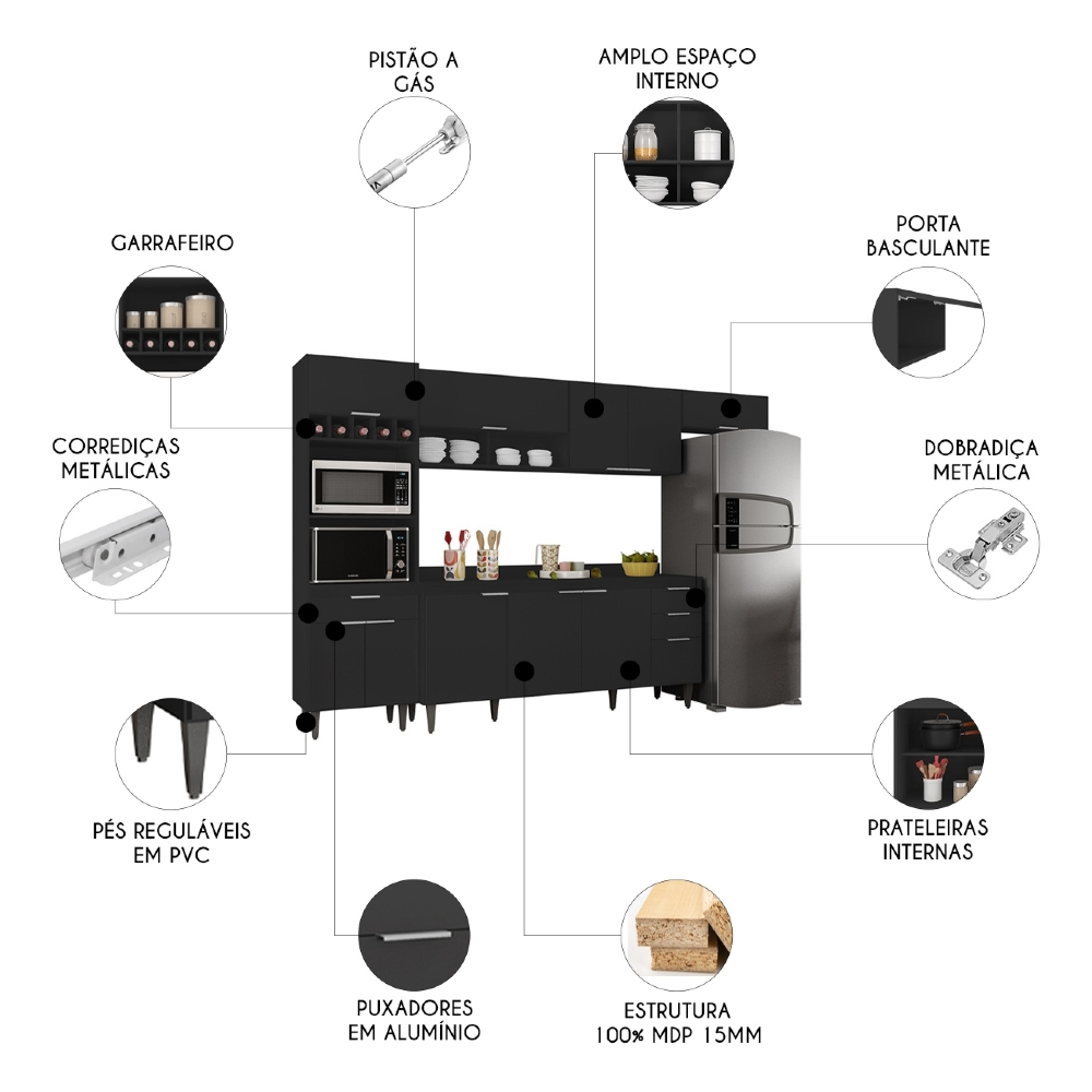 Armário de Cozinha Com Tampo CP04 310cm Pérola Preto Z34      - Mpozenato