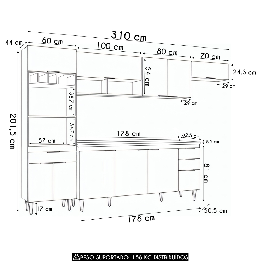 Armário de Cozinha Com Tampo CP04 310cm Pérola Preto Z34      - Mpozenato