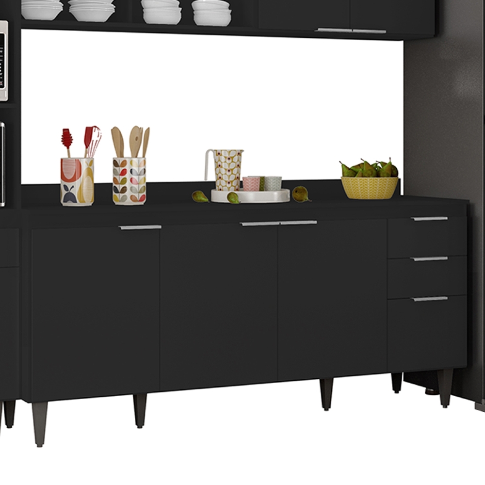 Armário de Cozinha Com Tampo CP04 310cm Pérola Preto Z34      - Mpozenato