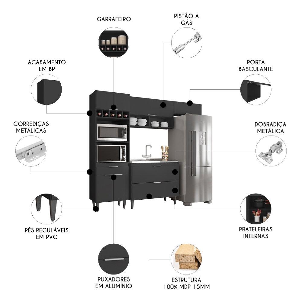 Armário de Cozinha CP04 Com Pia 100cm Pérola Z34 Preto      - Mpozenato
