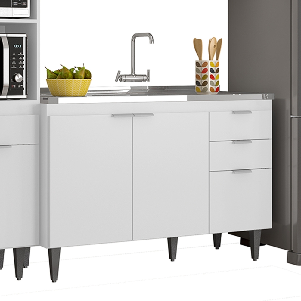 Armário de Cozinha CP04 Com Pia 120cm Pérola Z34 Branco     - Mpozenato
