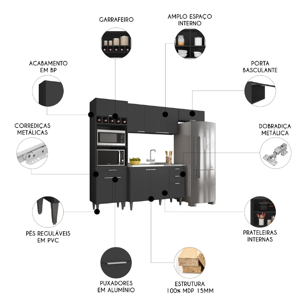 Armário de Cozinha CP04 Com Pia 120cm Pérola Z34 Preto      - Mpozenato