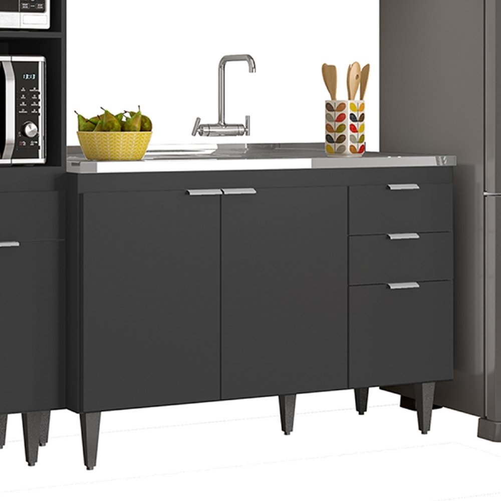 Armário de Cozinha CP04 Com Pia 120cm Pérola Z34 Preto      - Mpozenato