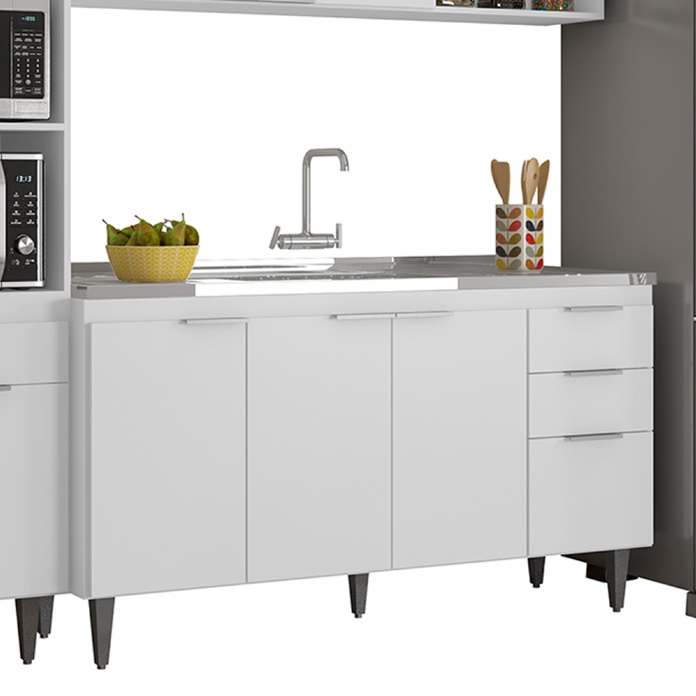 Armário de Cozinha CP04 Com Pia 150cm Pérola Z34 Branco     - Mpozenato