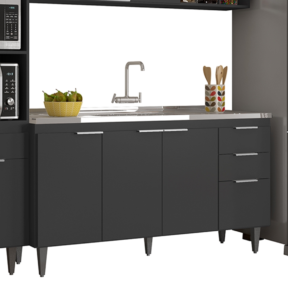 Armário de Cozinha CP04 Com Pia 150cm Pérola Z34 Preto      - Mpozenato