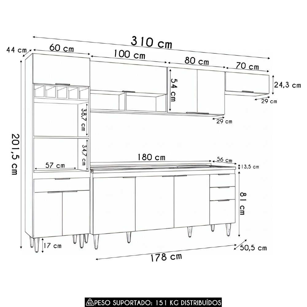 Armário de Cozinha CP04 Com Pia 180cm Pérola Z34 Branco     - Mpozenato