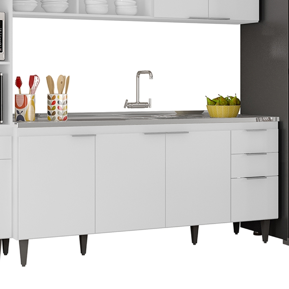 Armário de Cozinha CP04 Com Pia 180cm Pérola Z34 Branco     - Mpozenato