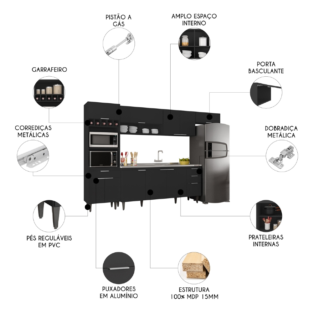 Armário de Cozinha CP04 Com Pia 180cm Pérola Z34 Preto      - Mpozenato