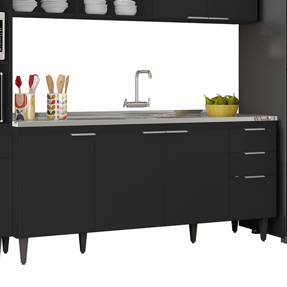 Armário de Cozinha CP04 Com Pia 180cm Pérola Z34 Preto      - Mpozenato
