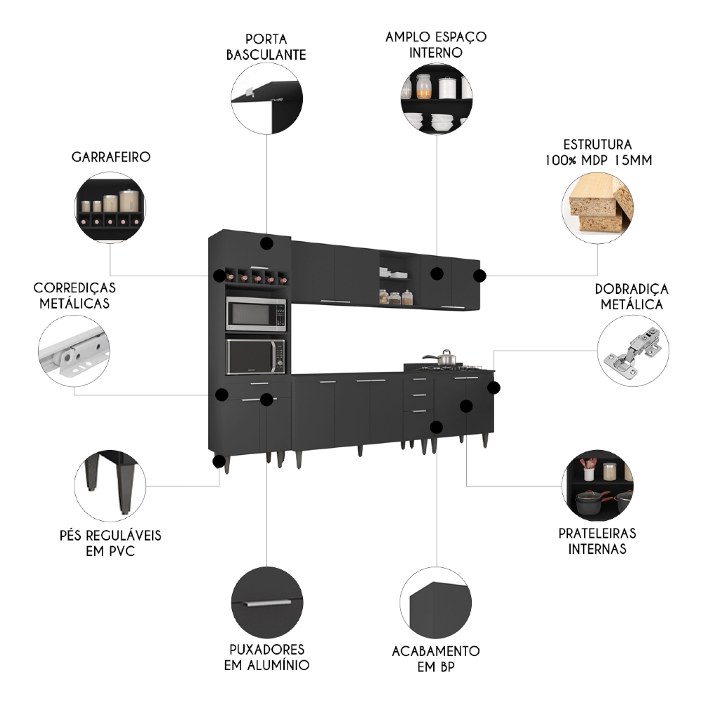 Armário de Cozinha CP05 Para Pia 150cm Pérola Z34 Preto     - Mpozenato