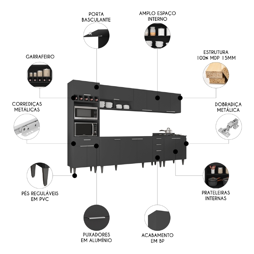 Armário de Cozinha CP05 Para Pia 180cm Pérola Z34 Preto     - Mpozenato