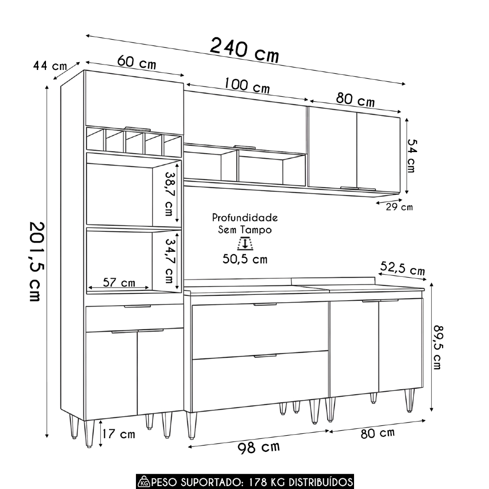 Armário de Cozinha Com Tampo CP05 240cm Pérola Branco Z34     - Mpozenato