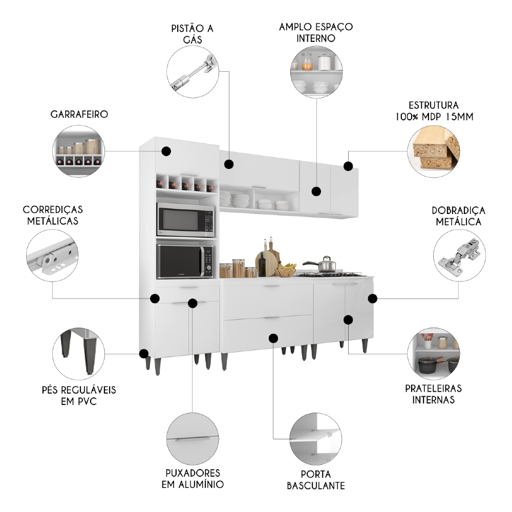 Armário de Cozinha Com Tampo CP05 240cm Pérola Branco Z34     - Mpozenato