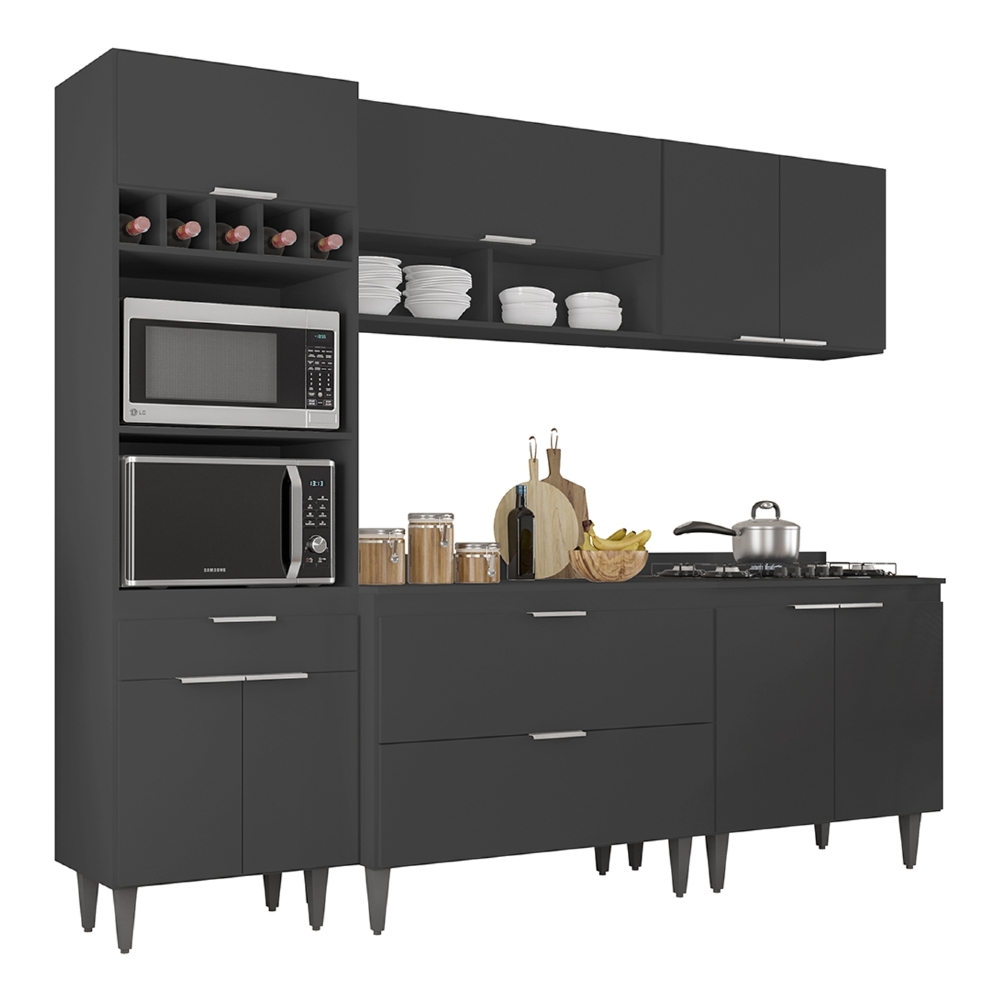 Armário de Cozinha Com Tampo CP05 240cm Pérola Preto Z34      - Mpozenato