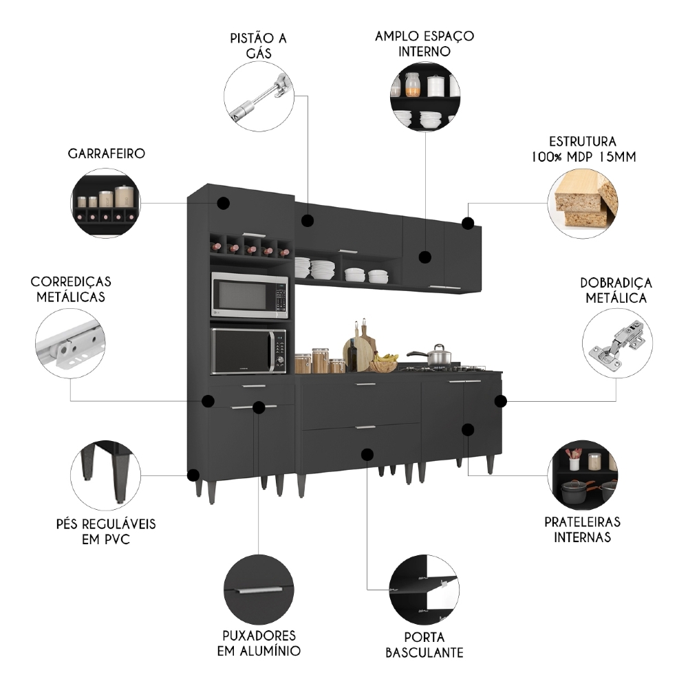 Armário de Cozinha Com Tampo CP05 240cm Pérola Preto Z34      - Mpozenato