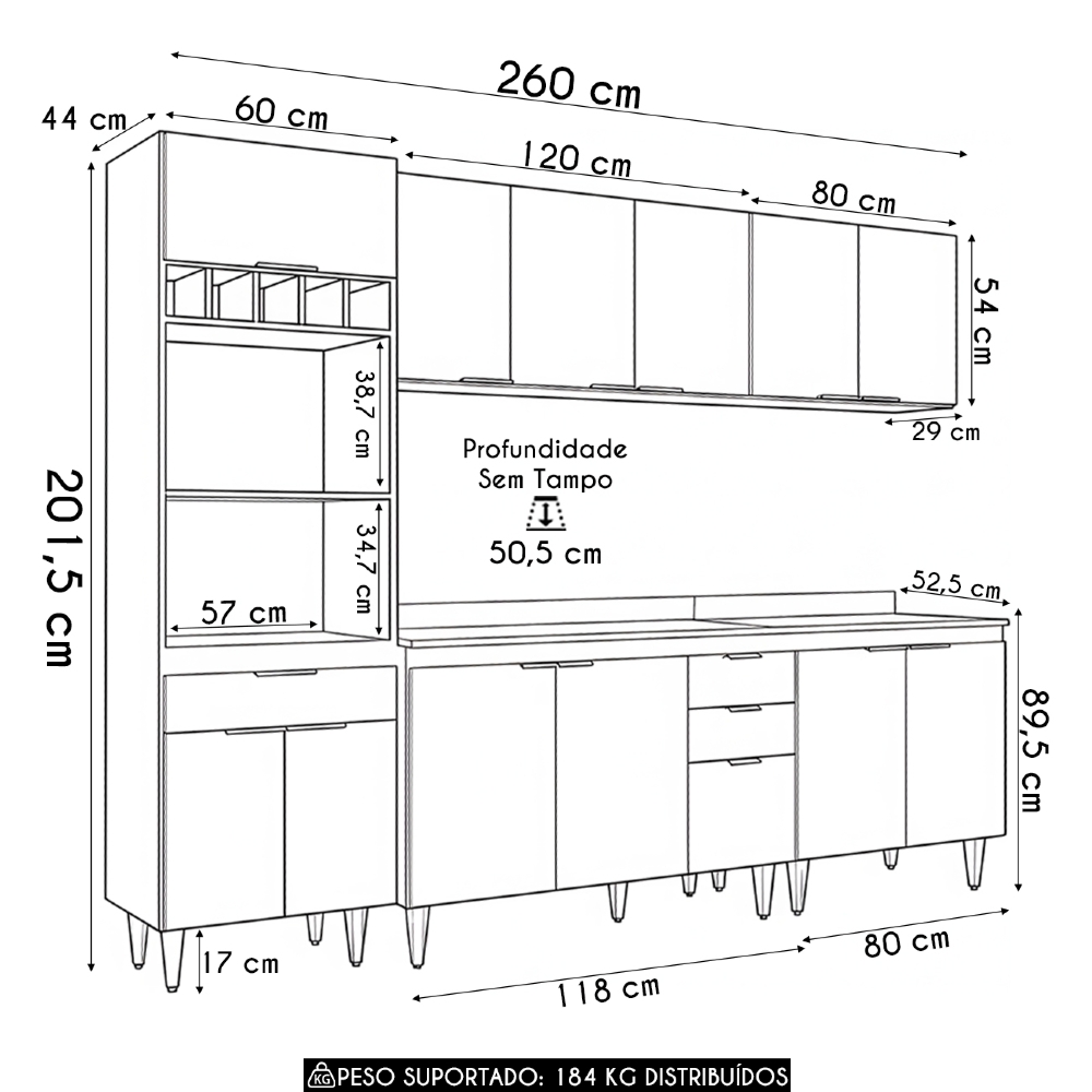 Armário de Cozinha Com Tampo CP05 260cm Pérola Branco Z34     - Mpozenato
