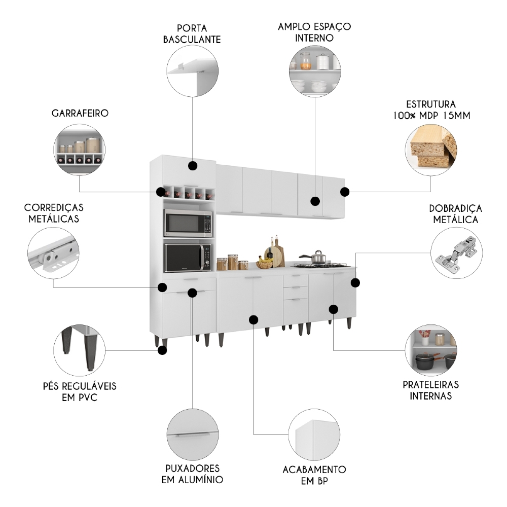 Armário de Cozinha Com Tampo CP05 260cm Pérola Branco Z34     - Mpozenato