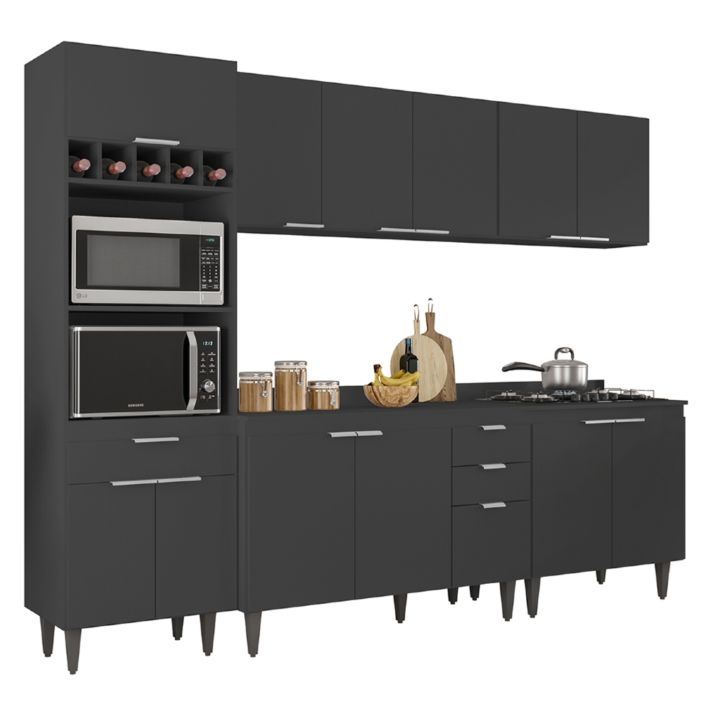 Armário de Cozinha Com Tampo CP05 260cm Pérola Preto Z34      - Mpozenato