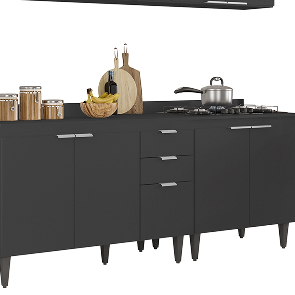 Armário de Cozinha Com Tampo CP05 260cm Pérola Preto Z34      - Mpozenato
