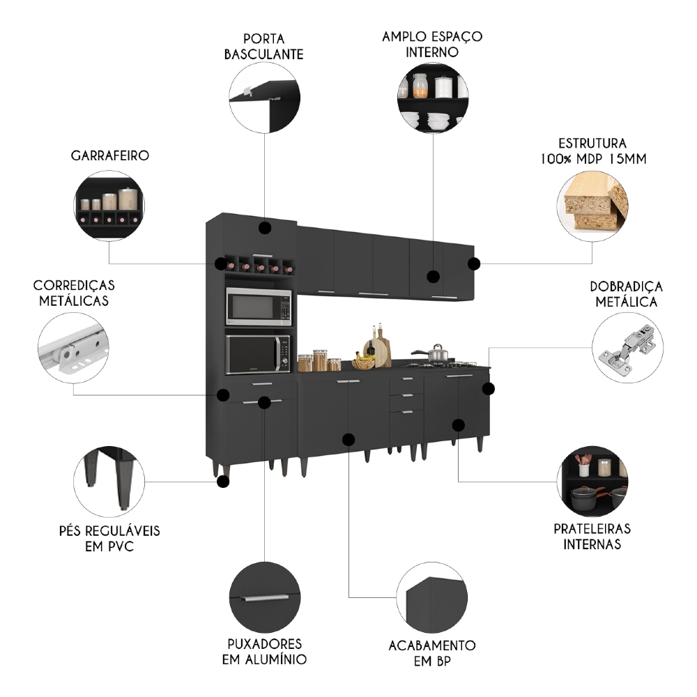 Armário de Cozinha Com Tampo CP05 260cm Pérola Preto Z34      - Mpozenato