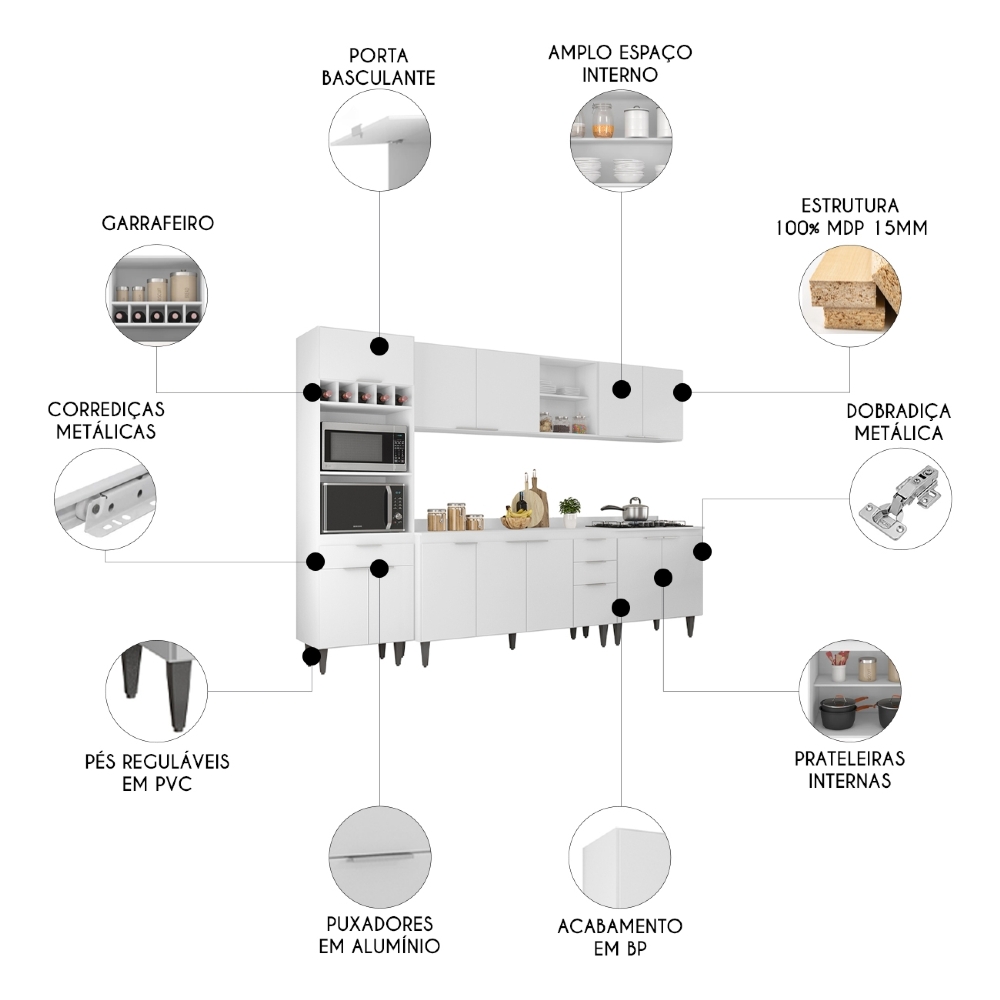 Armário de Cozinha Com Tampo CP05 290cm Pérola Branco Z34     - Mpozenato