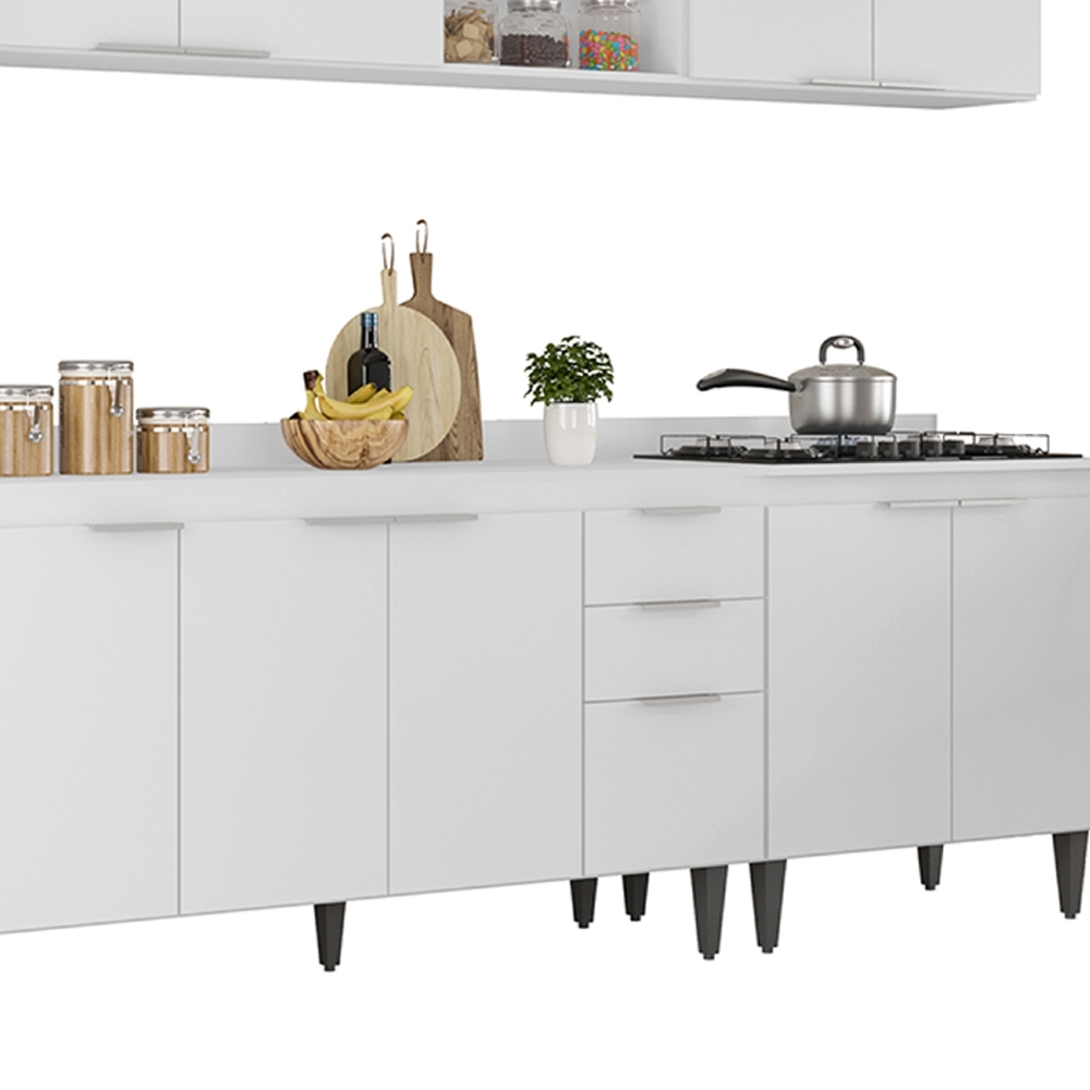 Armário de Cozinha Com Tampo CP05 290cm Pérola Branco Z34     - Mpozenato