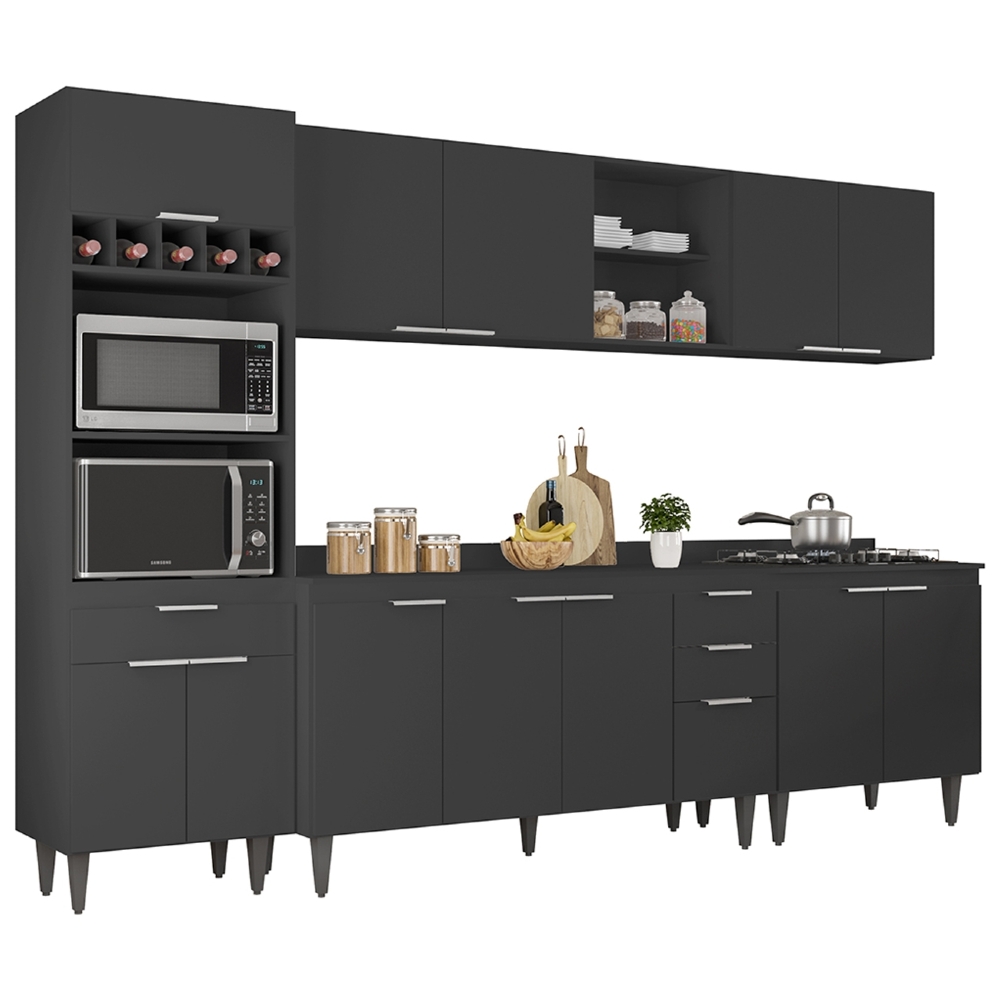 Armário de Cozinha Com Tampo CP05 290cm Pérola Preto Z34      - Mpozenato