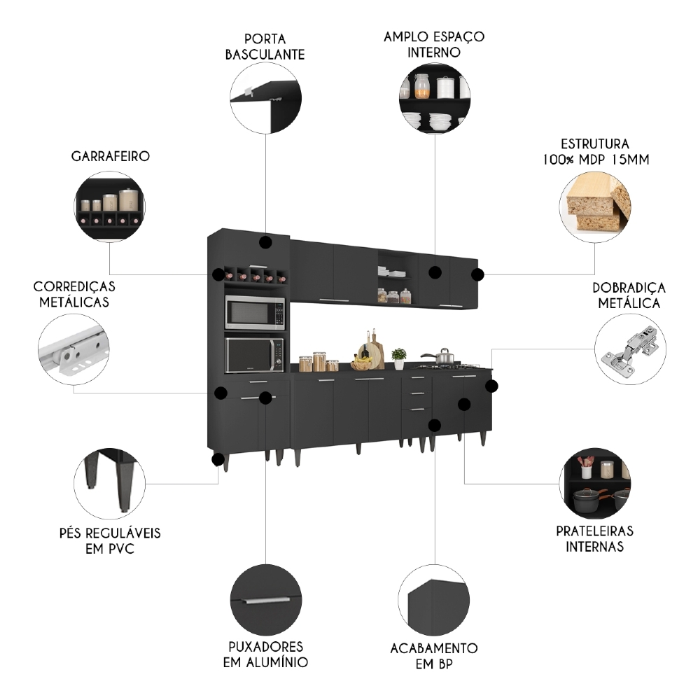 Armário de Cozinha Com Tampo CP05 290cm Pérola Preto Z34      - Mpozenato