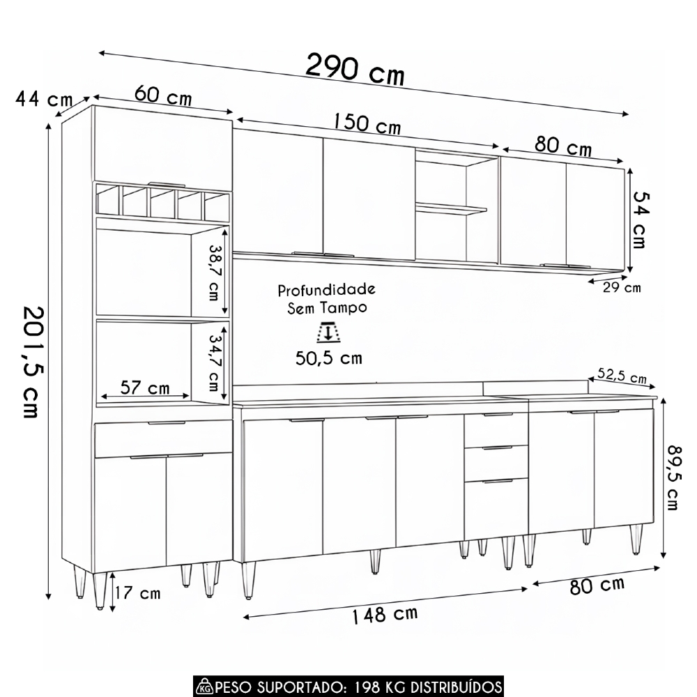 Armário de Cozinha Com Tampo CP05 290cm Pérola Preto Z34      - Mpozenato