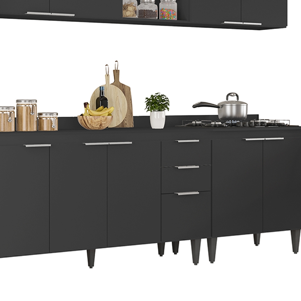 Armário de Cozinha Com Tampo CP05 290cm Pérola Preto Z34      - Mpozenato